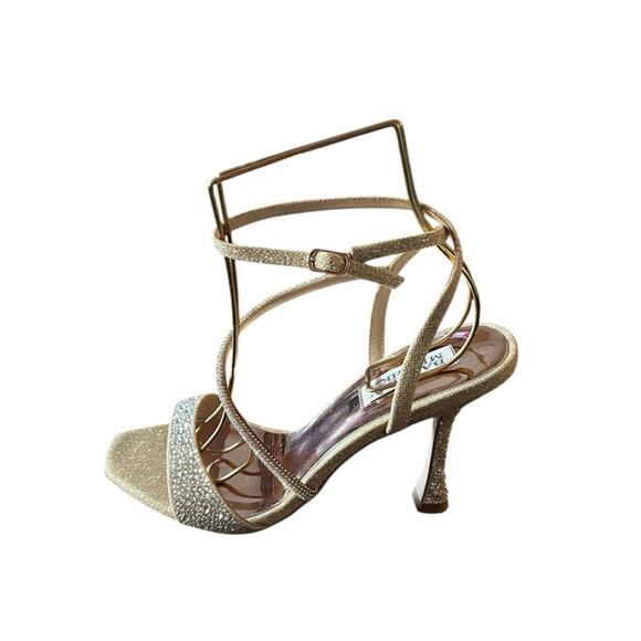 Badgley Mischka Sally Curvy Heel Stiletto Sandal Gemstone Plantino Gold NEW 10 - Picture 3 of 13